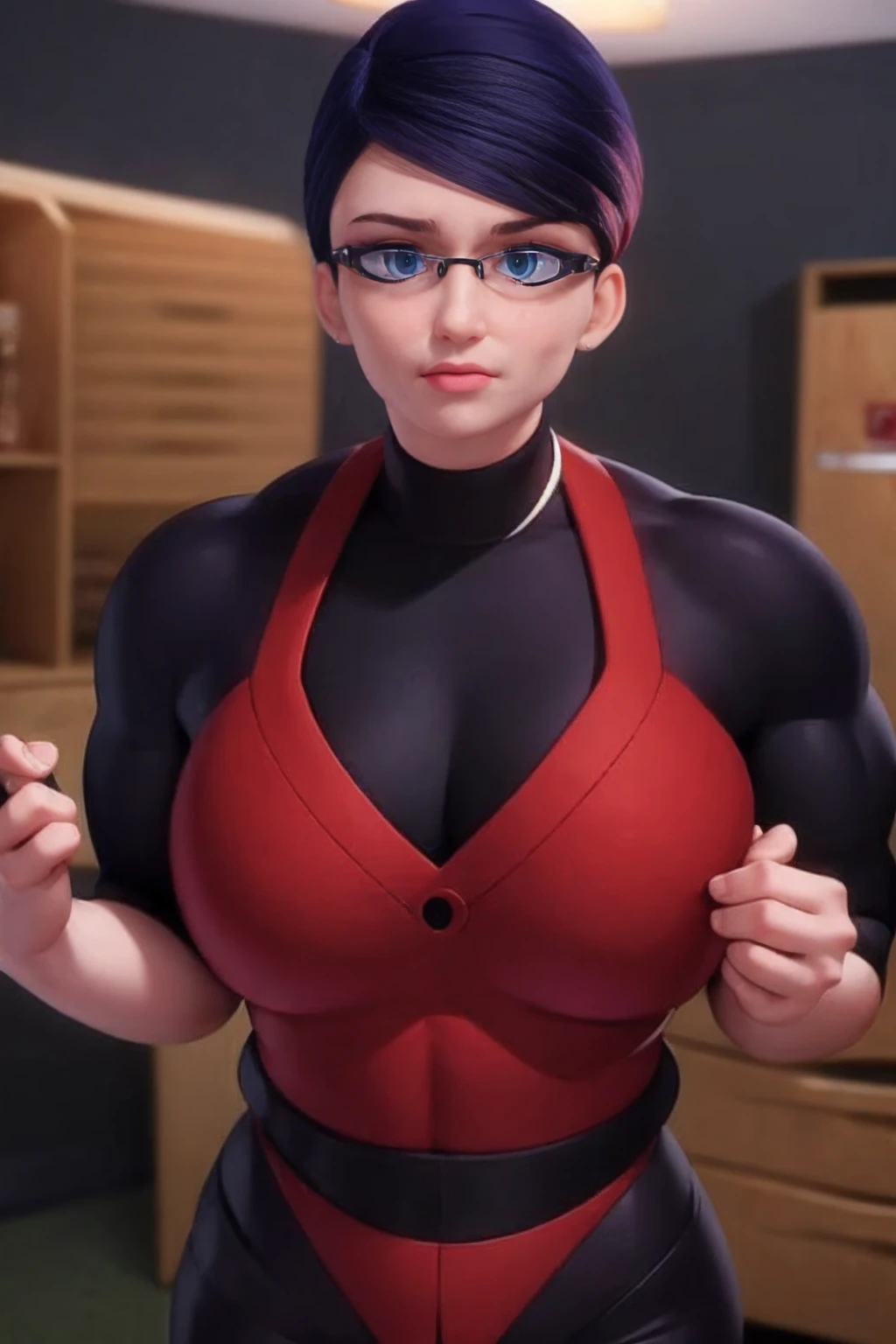 a muscular female bodybuilder in red bra inside office suit and her hair is dark blue and a bit red from end to the left side of head, detailed face, beautiful detailed eyes, beautiful detailed lips, extremely detailed face and muscles, long eyelashes, strong muscles bulging through suit, dynamic pose, professional studio lighting, hyperrealistic, 8k, high quality, photorealistic, physically-based rendering, concept art, dramatic color palette,((abs)).