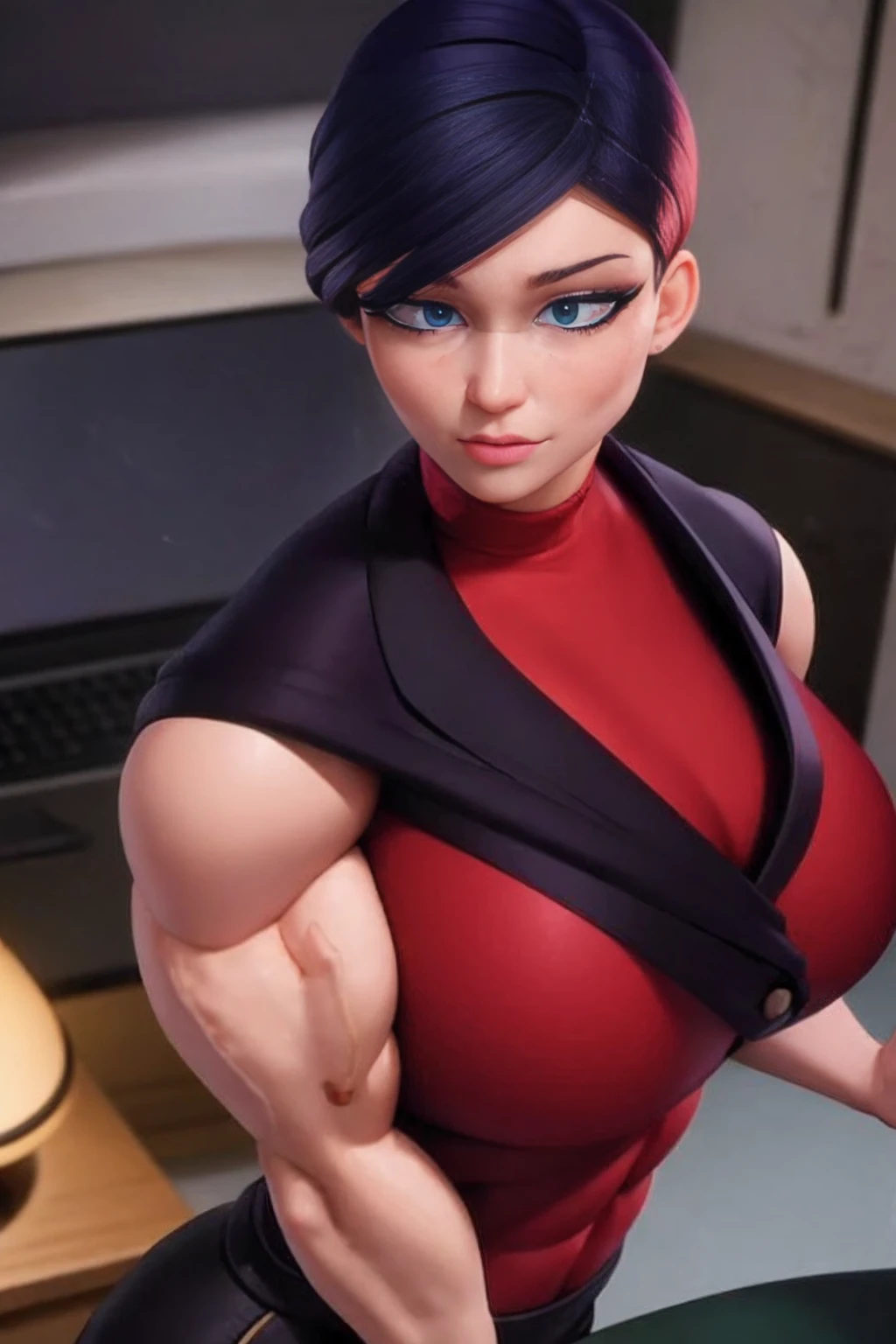 a muscular female bodybuilder in red bra inside office suit and her hair is dark blue and a bit red from end to the left side of head, detailed face, beautiful detailed eyes, beautiful detailed lips, extremely detailed face and muscles, long eyelashes, strong muscles bulging through suit, dynamic pose, professional studio lighting, hyperrealistic, 8k, high quality, photorealistic, physically-based rendering, concept art, dramatic color palette,((abs)).