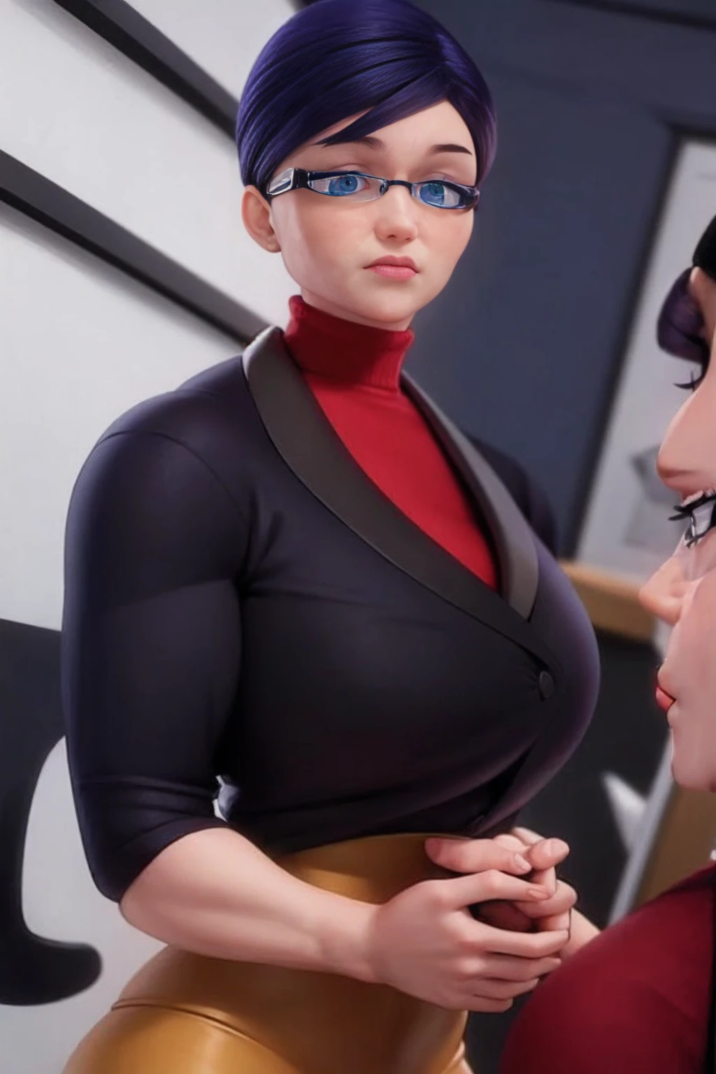 a muscular female bodybuilder in red bra inside office suit and her hair is dark blue and a bit red from end to the left side of head, detailed face, beautiful detailed eyes, beautiful detailed lips, extremely detailed face and muscles, long eyelashes, strong muscles bulging through suit, dynamic pose, professional studio lighting, hyperrealistic, 8k, high quality, photorealistic, physically-based rendering, concept art, dramatic color palette,((abs)).