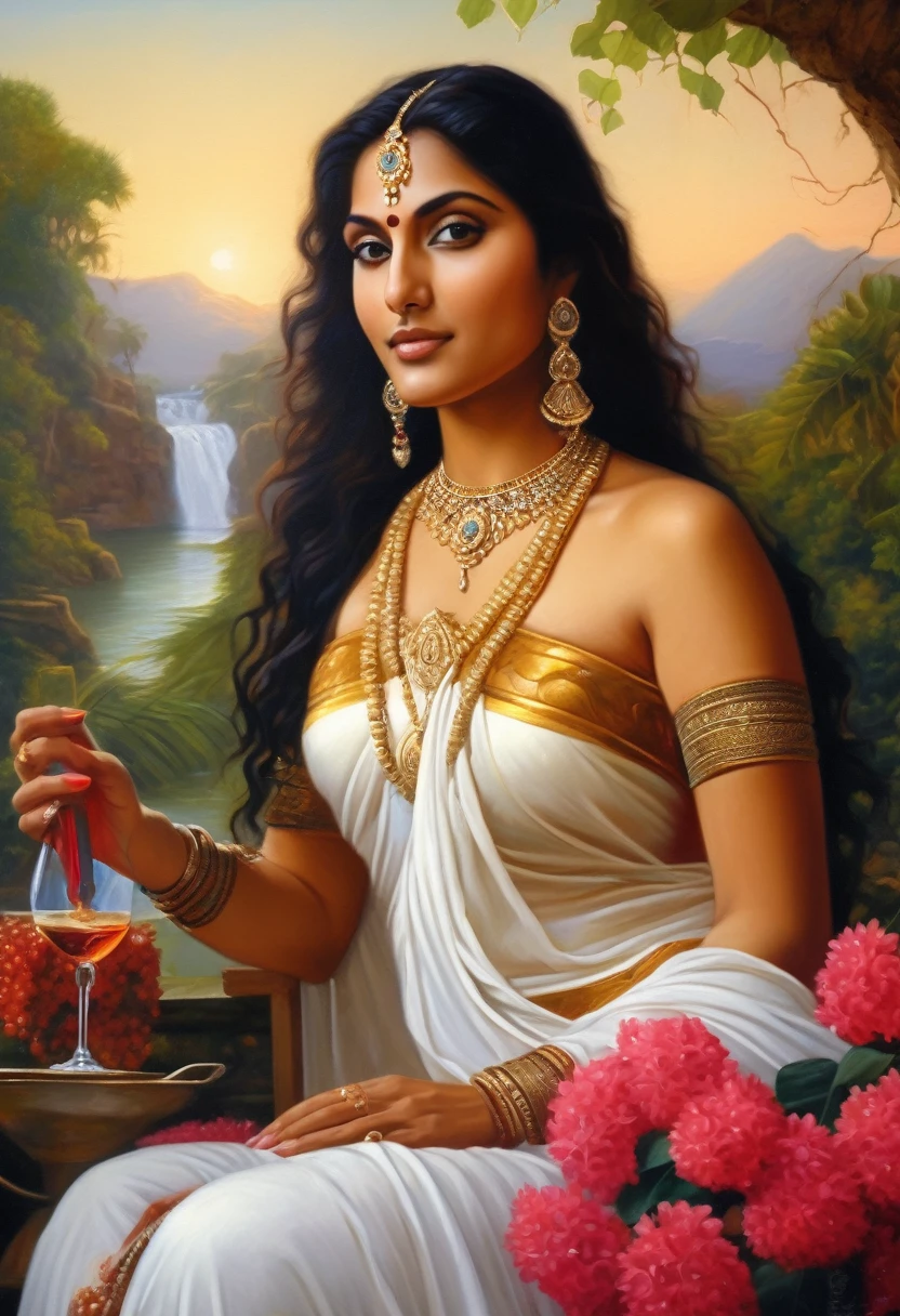 Ramya Krishnan topless with a White Lotus in hand, ((Ultra hyper realistic oil painting of 50 years old Ramya Krishnan as a Celestial Nymph)), seductive Smile, Mother body, thick Milf, Wearing ancient Innerwear, Godess of Lust by Raja Ravi Varma, ((detailed large nude breasts)), big bust, detailed hard nipples, on the terrace, sunset in the background, Ancient Indian lush background, waterfalls, beautiful lush, Bougainvillea Flowers, plume, white Swan, MiLF body, (Grapes and wine), with ancient Indian waterfall landscape in the background, Erotic, intricate, gorgeous face, long detailed wavy hair, highly detailed, Neo classical hyper realistic portrait, pre-raphaelite, portrait painting by greg rutkowski, Dramatic portrait, perfectly drawn fingers, perfectly drawn arm, perfect anatomy, 4k UHD Portrait, ((detailed face and eyes)), ((perfect anatomy))