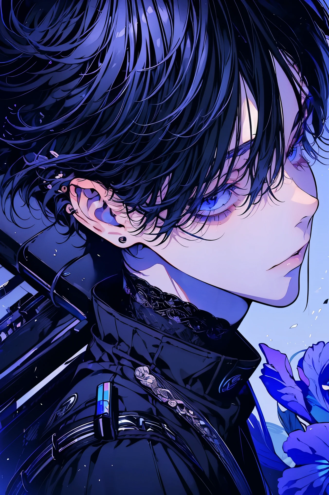 (Mastepiece), (Best Quality), Very detailed, 1 boy, Solo Shooting, Perfect Face, Beautiful Face, Very detailed顔,(Black-haired:1.3),(Iris:1.4),(Long eyelashes:1.4)