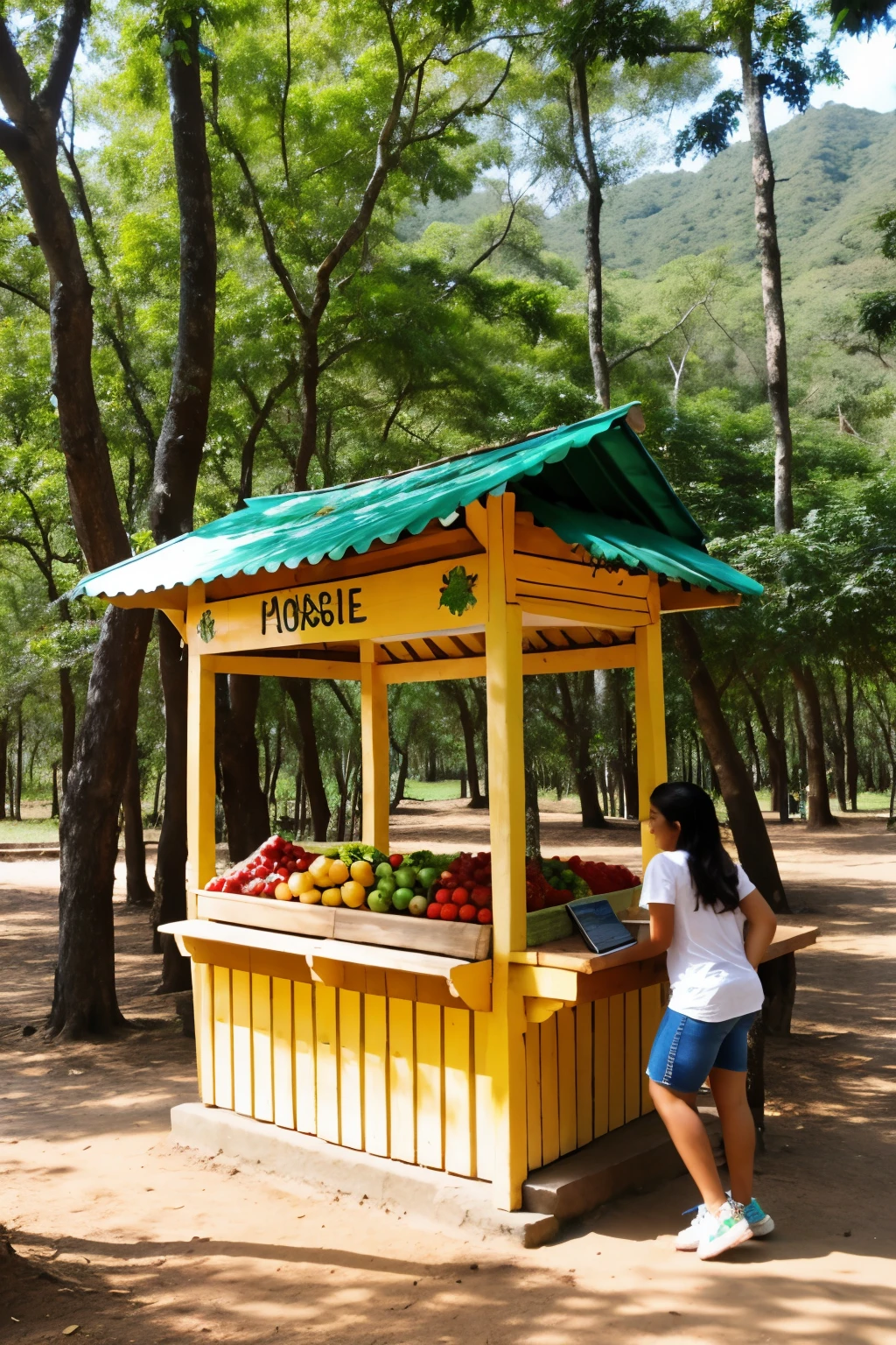 kiosk with fruits, canchita- young people around with forests