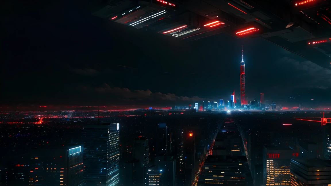 (Tech Black, dystopia:1.2), Overcrowded cities, skyscraper, lights blue and red, captivating beauty, masterpiece, highest quality, realistic digital art, detailed background, 8k wallpaper