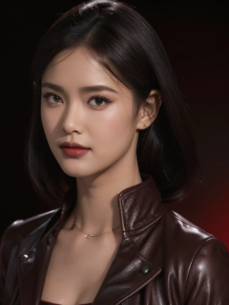 best quality, realistic, black background, KristannaTX, (a female Indonesian supermodel), (spread arms:1.0), (wine red leather jacket) (buttoned jacket:1.1), seductive smile, (dark hair), (updo:1.0), perfect eyes, sharp details, detailed face, (face makeup), (cheeks blush), (eyeliner), (eyeshadows), (lip gloss:1.0), cleavage, d cups breasts, (dark), (shadows), (macro photography:1.1)