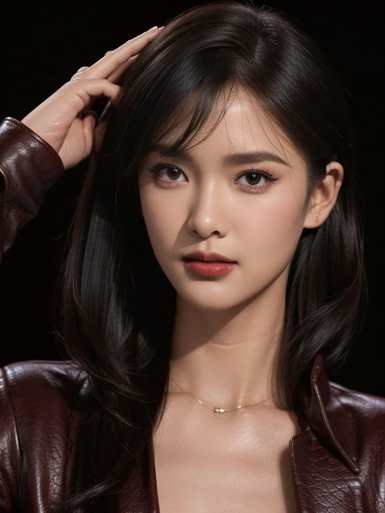 best quality, realistic, black background, KristannaTX, (a female Indonesian supermodel), (spread arms:1.0), (wine red leather jacket) (buttoned jacket:1.1), seductive smile, (dark hair), (updo:1.0), perfect eyes, sharp details, detailed face, (face makeup), (cheeks blush), (eyeliner), (eyeshadows), (lip gloss:1.0), cleavage, d cups breasts, (dark), (shadows), (macro photography:1.1)