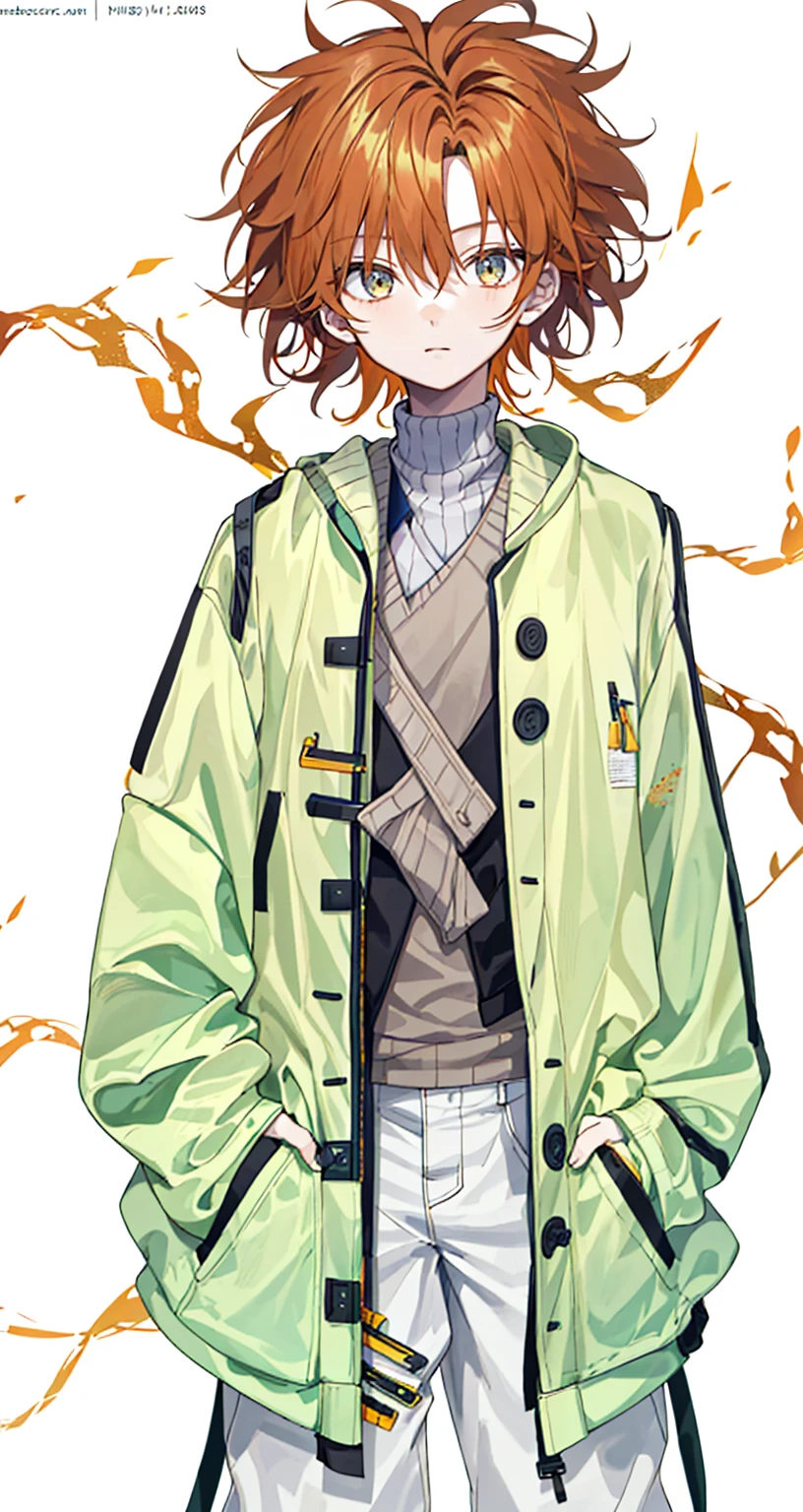 1 boy, 20 years old, flipped hair, messy hair, full body, front view, have a camera, amber hair, palazzo pants, midi coat, raise right leg, sweater vest,