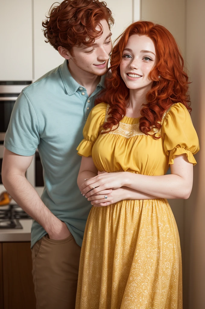 Photo of a couple very in love the boy is tall, with red hair, with lots of freckles on her face and with very curly brown hair, with a swirly yellow dress