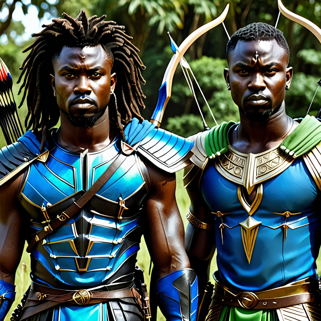 character reference sheet, 80s dark fantasy movie, two black men in African warrior clothes holding sword and bow and arrow, blue clothes, green clothes, African gods of hunting, afrofuturism, afrofuturism fashion, ultra quality, masterpiece, intricate details, very detailed, beautiful face, 8K, cinematic scene, photorealistic