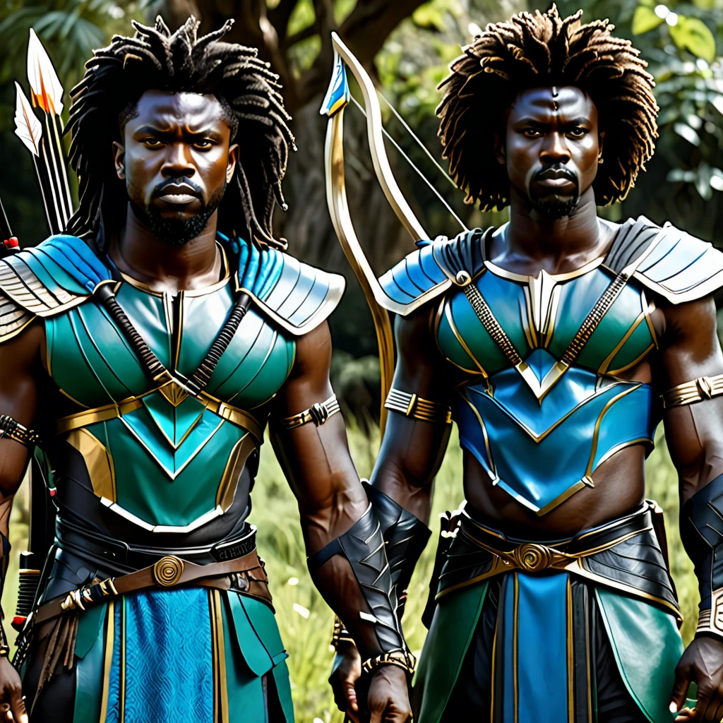 character reference sheet, 80s dark fantasy movie, two black men in African warrior clothes holding sword and bow and arrow, blue clothes, green clothes, African gods of hunting, afrofuturism, afrofuturism fashion, ultra quality, masterpiece, intricate details, very detailed, beautiful face, 8K, cinematic scene, photorealistic