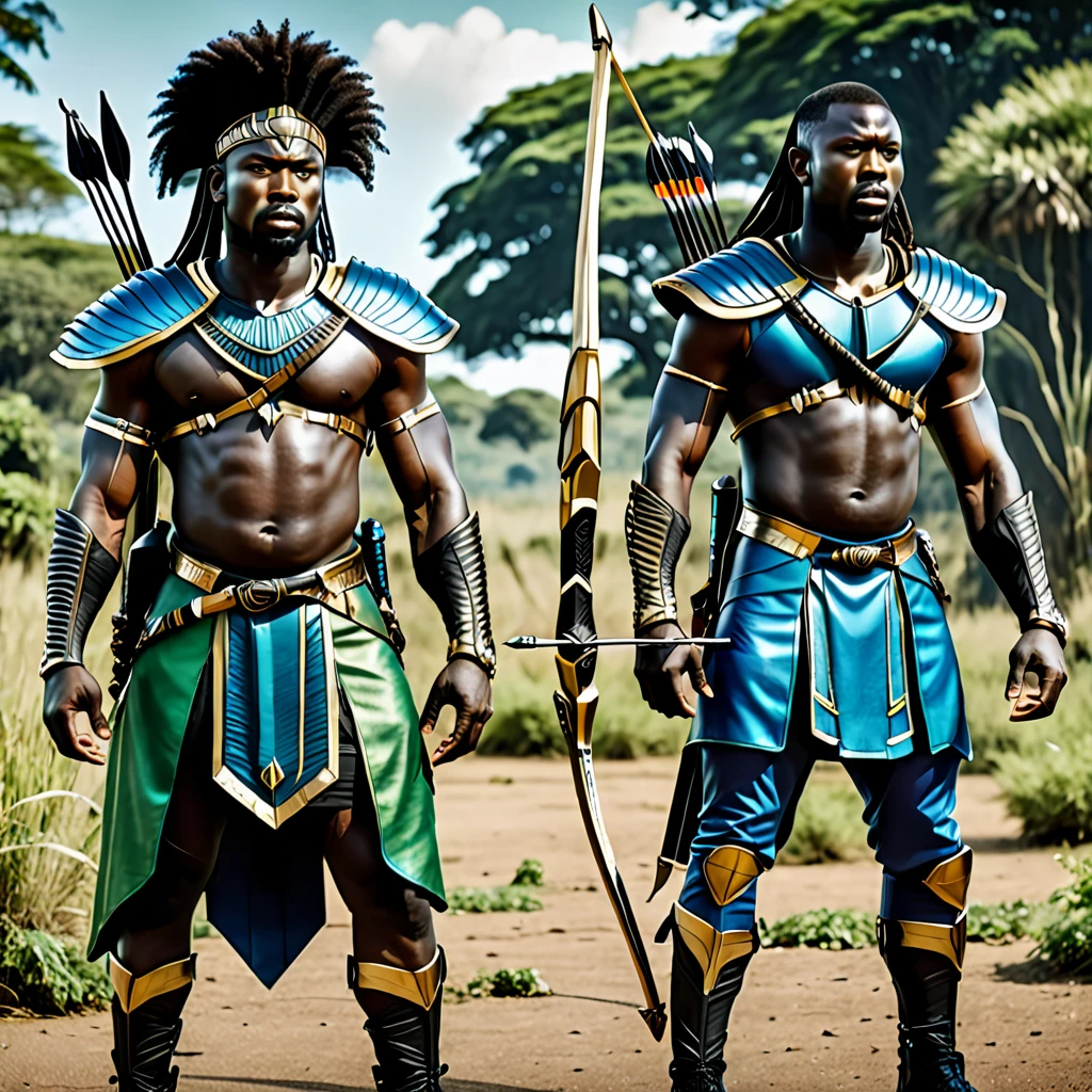 character reference sheet, 80s dark fantasy movie, two black men in African warrior clothes holding sword and bow and arrow, blue clothes, green clothes, African gods of hunting, afrofuturism, afrofuturism fashion, ultra quality, masterpiece, intricate details, very detailed, beautiful face, 8K, cinematic scene, photorealistic