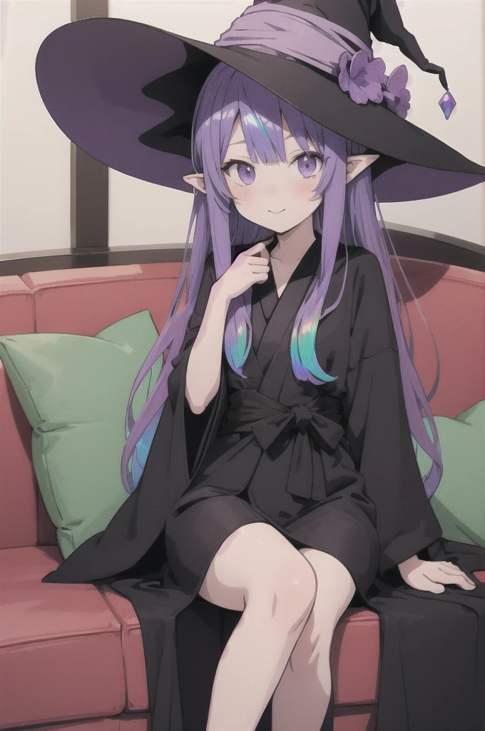 anime girl long purple hair wearing a black Robe. she has pointy ears. Witch Hat. Manga kawaii. iridescent ,An illustration, Sit on the sofa, (no background)