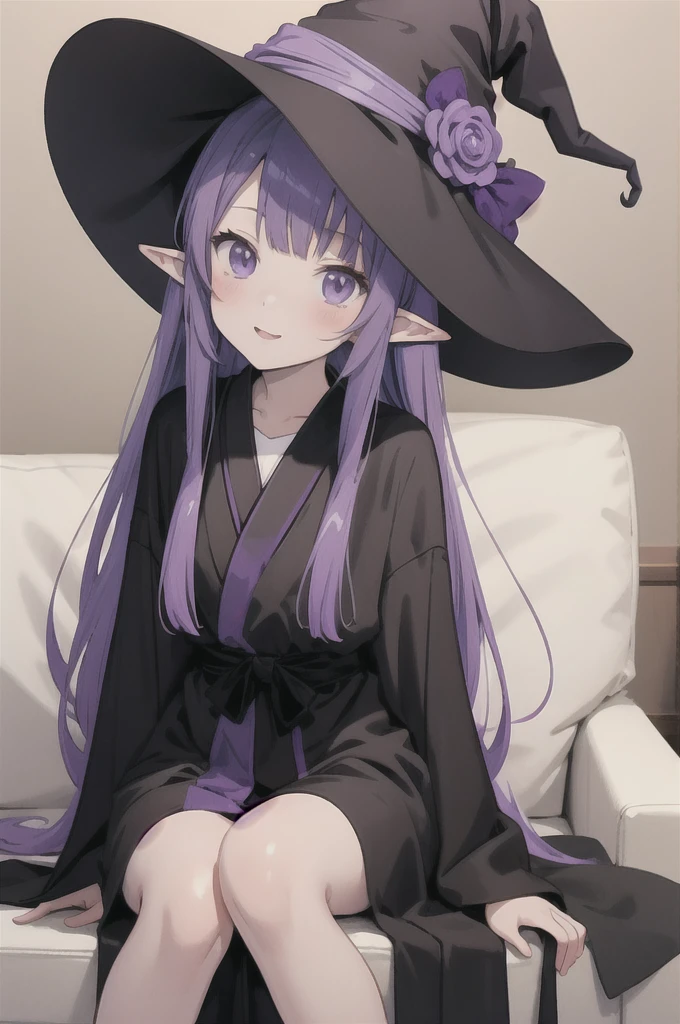 anime girl long purple hair wearing a black Robe. she has pointy ears. Witch Hat. Manga kawaii. iridescent ,An illustration, Sit on the sofa, (no background)