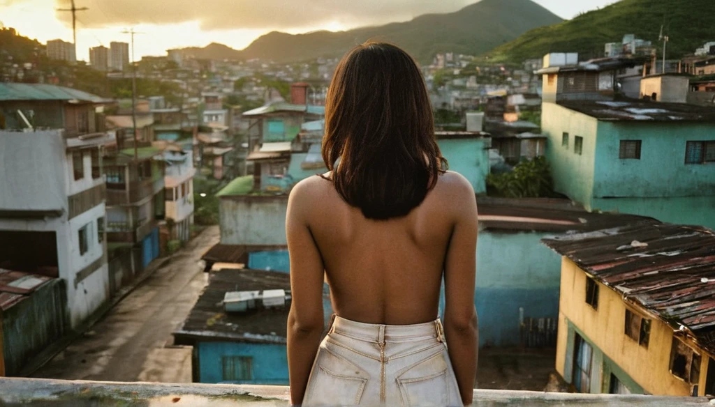 Centered, high angle photo taken from her back, a realistic photo of a young asian woman stands on rooftop in Brazilian favela, shot with kodak portra 160 film, cinematic silhouette lighting and lighting from the houses below, vintage color grading, dusk