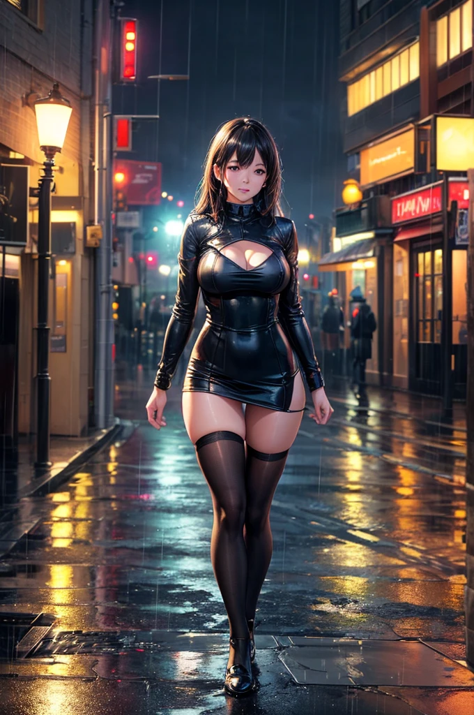 mix4, (8k, RAW photo, best quality, masterpiece:1.2), (realistic, photo-realistic:1.37), 1girl, cute, cityscape, night, rain, wet, professional lighting, photon mapping, radiosity, physically-based rendering, full body, thighhighs, legs together, breasts,