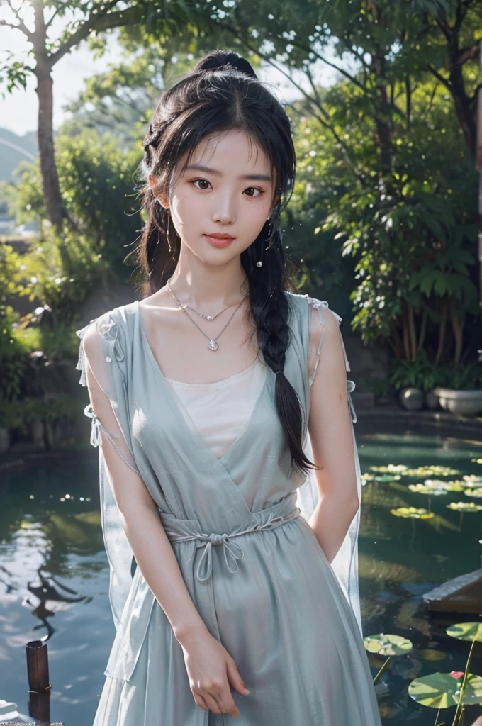 (Highly detailed CG Unity 8k wallpaper), (Masterpiece), (best quality), (Super Detail), (Best Illustration), (The best shadow), (Reality:1.1),(Pure face_v1:0.5),(taiwanese cute girl),(Taiwanese Sexy Woman),,Real human skin, lens flare, In the shade, Backlight,Lotus Pond，under the lotus，under the lotus leaves，(Depth of Field),(Natural light), Film Grain,((A girl))),Ultra-high dynamic range,(Delicate eyes:1.4),Brown eyes, Charming smile,Kawaii,(Solitaryfocus),(Black Hair),((Princess Cut Long Hair, Low Braid Ponytail))(Chinese Hair Accessories)))(Transparent Gray Hansou),(See-Through Gray Chinese Tan Costume Cloak)))((( Large sagging breasts)), (((Cowboy shooting)), (close up) Blurred background, 18 years old, (((Solitary)), (Glowing skin), Lovely Tea, wearing a diamond necklace, (Watch the audience), (Look ahead), (smile512:0.1), (night), (Large target)), (No makeup on the face), , (wet), (Sweating all over), He opened his mouth, (Squinting: 0.5), (Expose), ((Small areola)),
