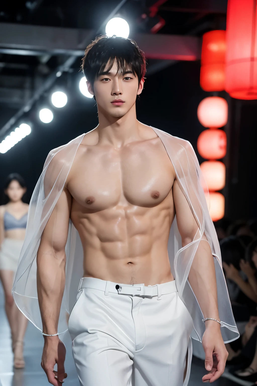 Japanese male model, handsome, cool, perfect body, big muscles, short hair, white skin, wears flowing see-through clothes, sexy poses, catwalk, led lights,