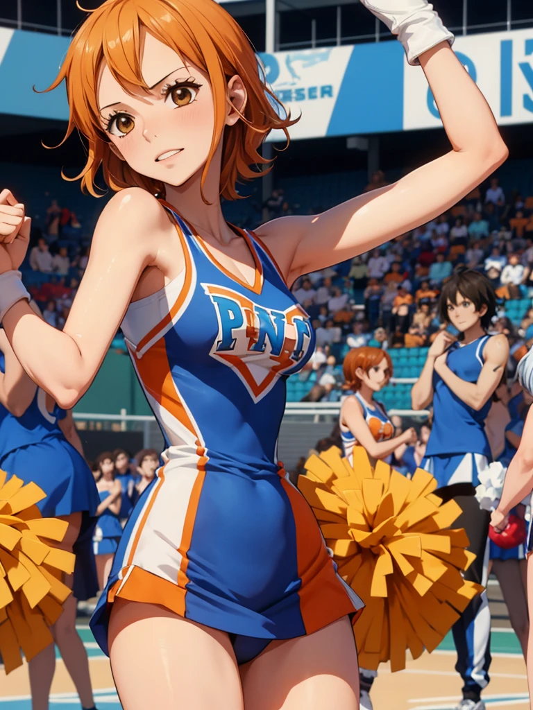 Nami from one-piece, 1women, as a cheerleader, wearing cheerleading outfit, at a playground , orange colour short hair, 8k, high detailed, high quality
