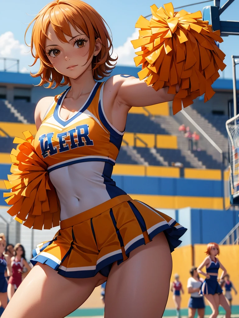 Nami from one-piece, 1women, as a cheerleader, wearing cheerleading outfit, at a playground , orange colour short hair, 8k, high detailed, high quality