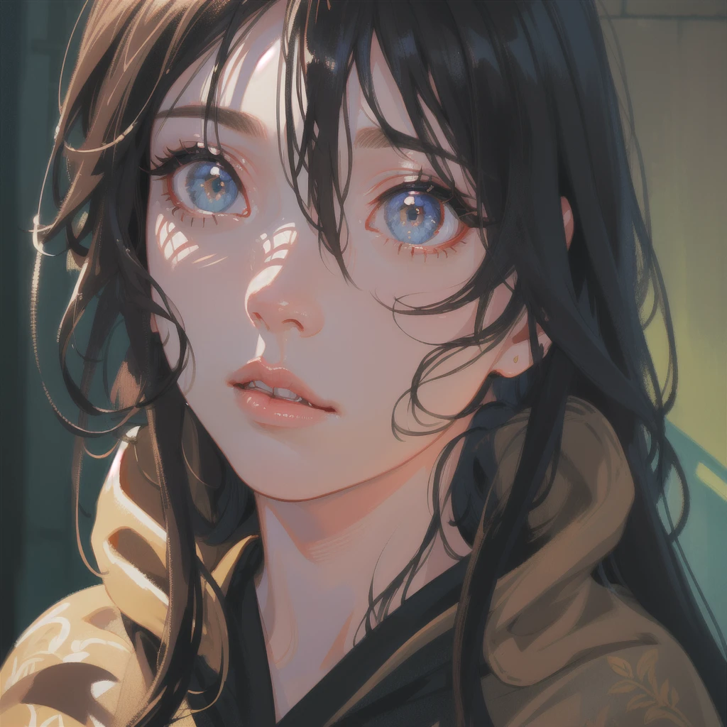 a beautiful young woman with long brown wolf-like hair, large expressive eyes, and detailed long eyeliner, wearing a grey hoodie and cap, surrounded by shiba inu dogs, cats, and game characters, (best quality,4k,8k,highres,masterpiece:1.2),ultra-detailed,(realistic,photorealistic,photo-realistic:1.37),highly detailed portrait, award winning, beautiful detailed eyes,beautiful detailed lips,extremely detailed eyes and face,longeyelashes,intricate details,cinematic lighting,warm color tones,fantasy,digital painting