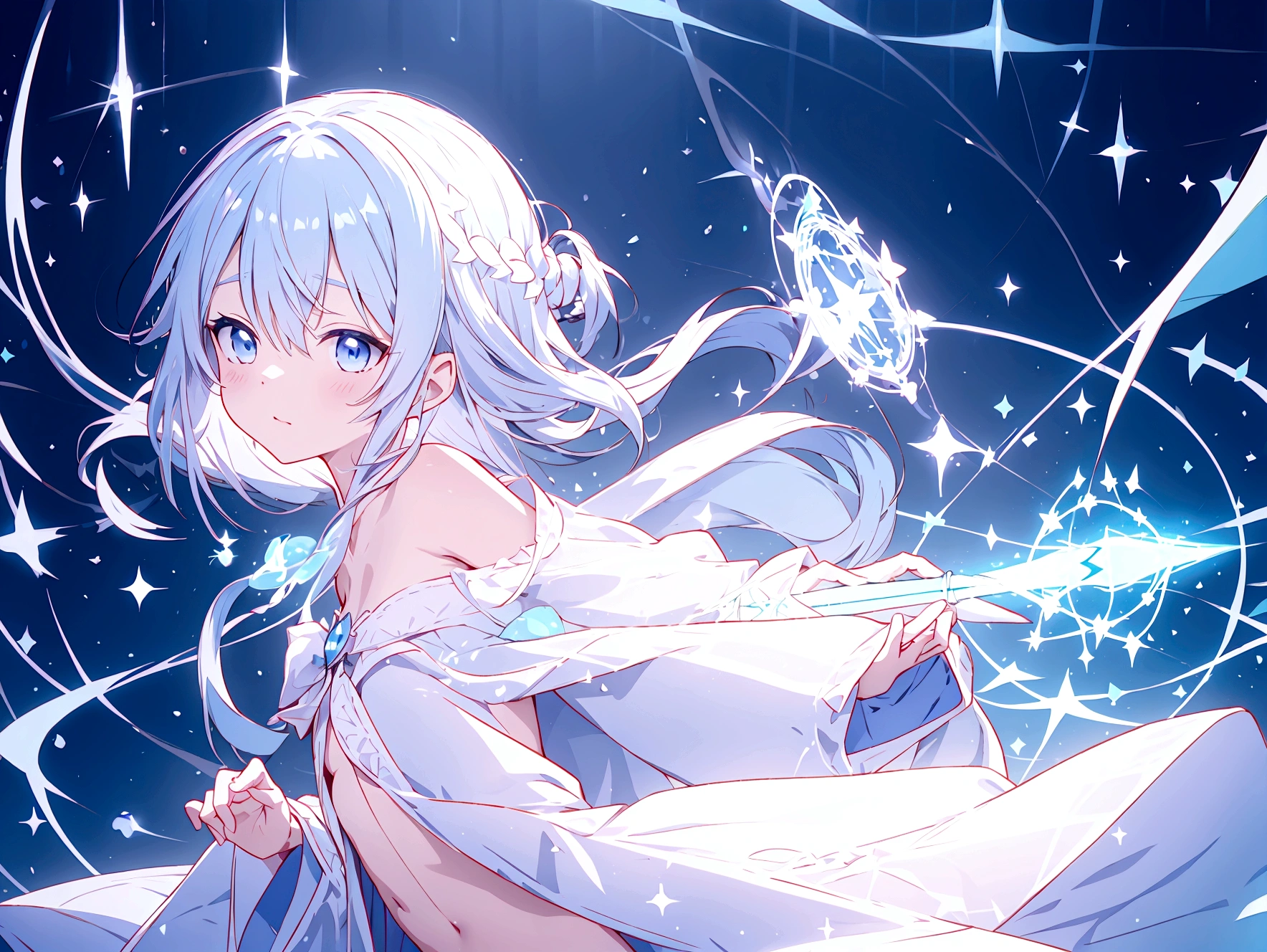 Naked and wearing a magic robe、Pure white magic robe、Cute frilly light blue underwear、Magic wand