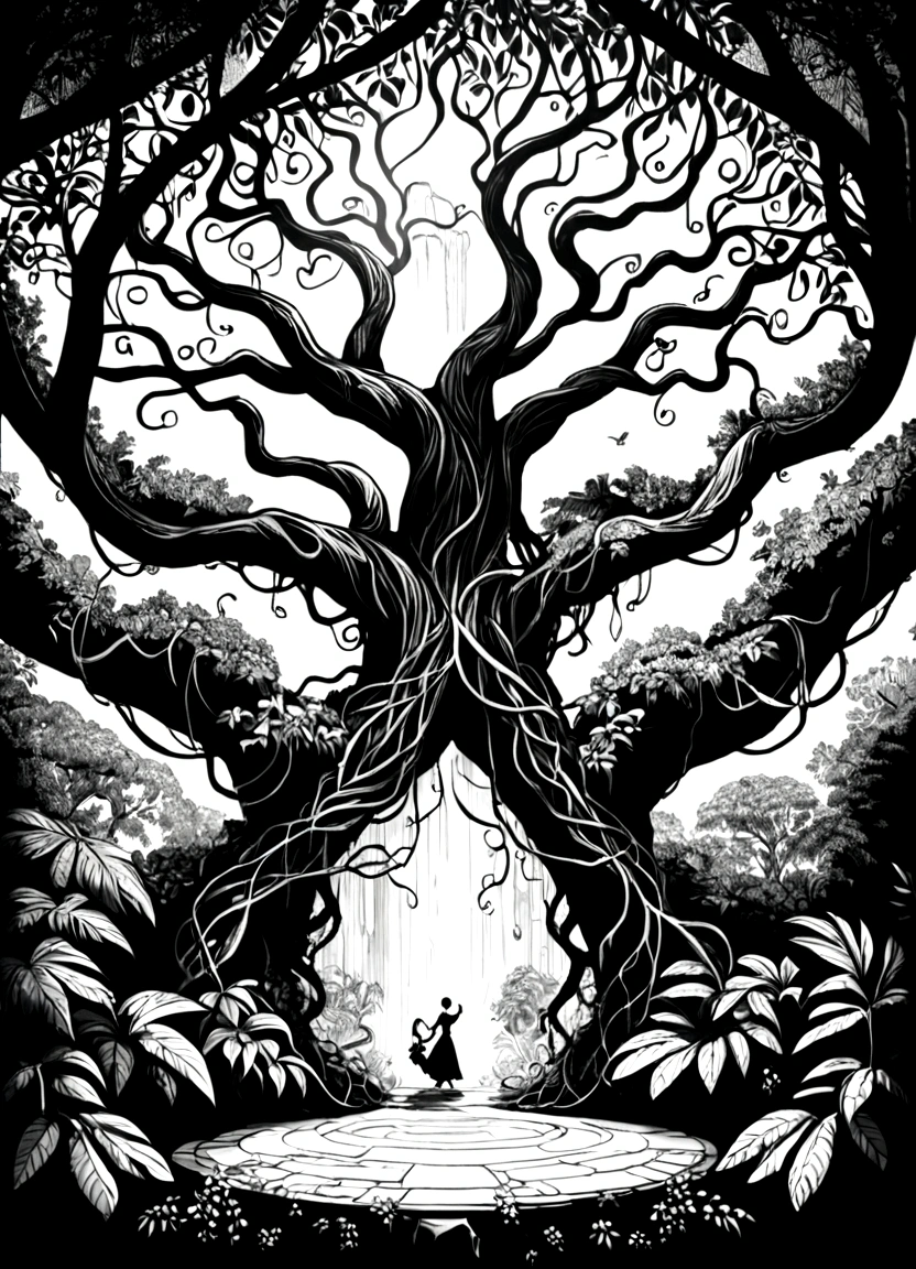 Rainforest，Big tree with vines entwined，Black and white line drawing，Line Art