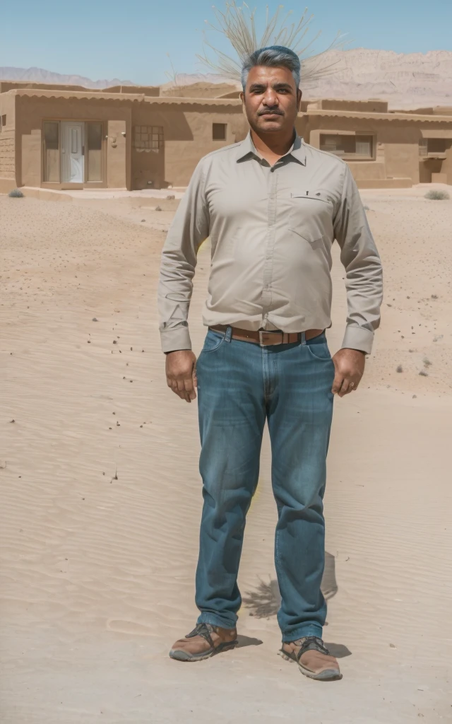 Arafed man standing in front of a house in the desert, photogenic full body shot, Standing in the desert, Distant full body shot, full body photography, full length portrait, standing in a desert, full body photography, Standing in the desert, full length cinematic shot, Full body photo, centered full body plane, Full body profile camera shot.