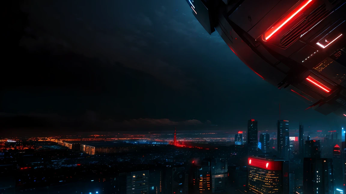 (Tech Black, dystopia:1.2), Overcrowded cities, lights blue and red, captivating beauty, masterpiece, highest quality, realistic digital art, detailed background, 8k wallpaper
