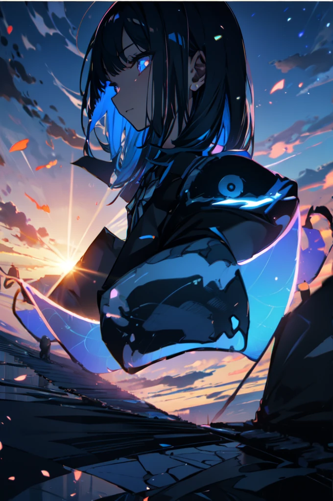 Beautiful hands, Beautiful dresasterpiece, (best quality:1.2), intricate details, ado, 1girl, multicolored hair, long hair, collared shirt, jacket, bangs, long sleeves, blue flower, (mature female:1.2), Ado, (dark blue hair, light blue inner), extra long hair, straight hair, blue eyes, slanted eyes, white inner shirt, (long black jacket, long black pants), (masterpiece, best quality:1.2), intricate details, ado, 1girl, multicolored hair, long hair, collared shirt, bangs, long sleeves, blue flower, (mature female:1.2), Stars and comets pass by in the open sky, Beautiful Clouds, A tree with glowing fireflies and butterflies々, (Ultra-realistic), {Highly detailed CG unit 8k wallpaper}, Vast landscape photography, (View from below with a panoramic view of the sky, vast open field vision), (Low angle shot), (Light: 1.5), (warm Light source: 1.2), Intricate details, (Rainbow colors: 1.2), (bright Lighting), (atimospheric Lighting), dream-like, Magic, fairy tale