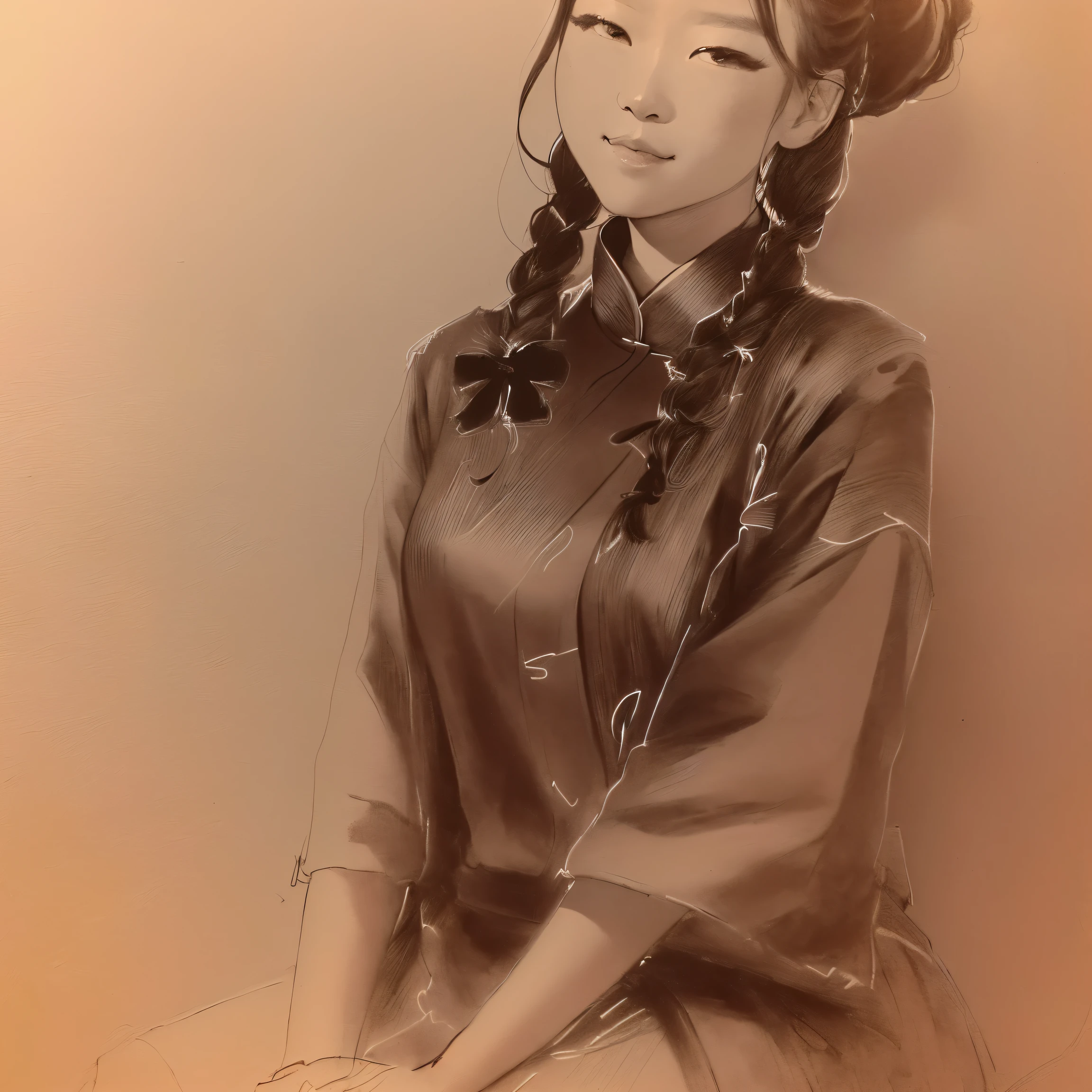 arafed painting of a woman sitting on a chair, 粗Line Drawing, outLine Drawing, pigtails girl, Line Drawing, Traditional style, Inspired by Kim Tschang Yeul, Contour, Draw with single line, Thick outline, Ink Outline, Fine Wire and Graphite, Line Drawing!!, Clothed, non-nude portrait