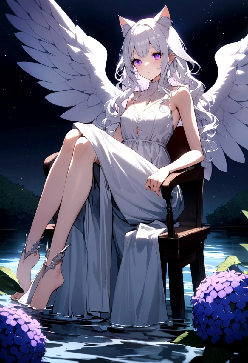 A delicate and elegant girl, Long wavy hair that reaches the knees,White hair is very attractive.., Detailed and precise manual work, Attractive girl, White cat ears, look at me, Purple eyes and white eyelashes,Her cheeks turned red,Big angel wings,On the water, A subject that stands out against the dark night sky,A lot of hydrangea, White Dress, Dramatic moonlight that makes your subject stand out, barefoot,Ankle decoration,Sit on a chair,