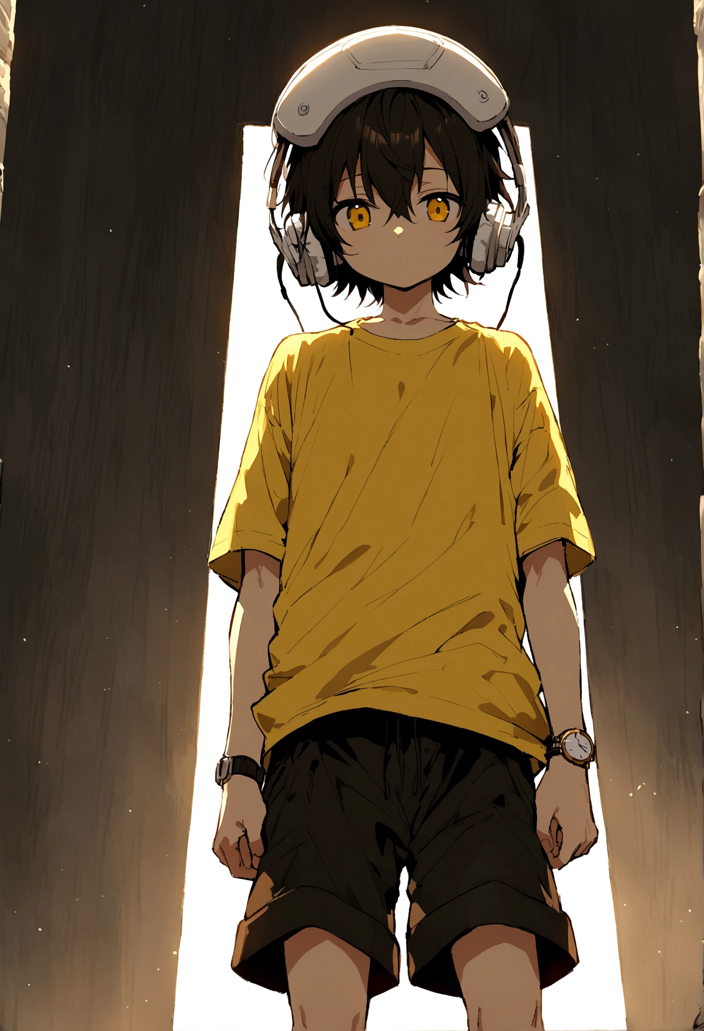 anime solo male, height 160cm, eyes black, hair black, wears white headphones on head, wears yellow simple looking t-shirt, wears shorts, facing at viewer, no smile, a wrist watch.