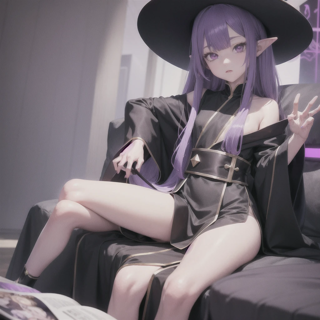 anime girl long purple hair wearing a black Robe. she has pointy ears. Witch Hat. Manga kawaii. iridescent ,An illustration, Sit on the sofa, (no background)