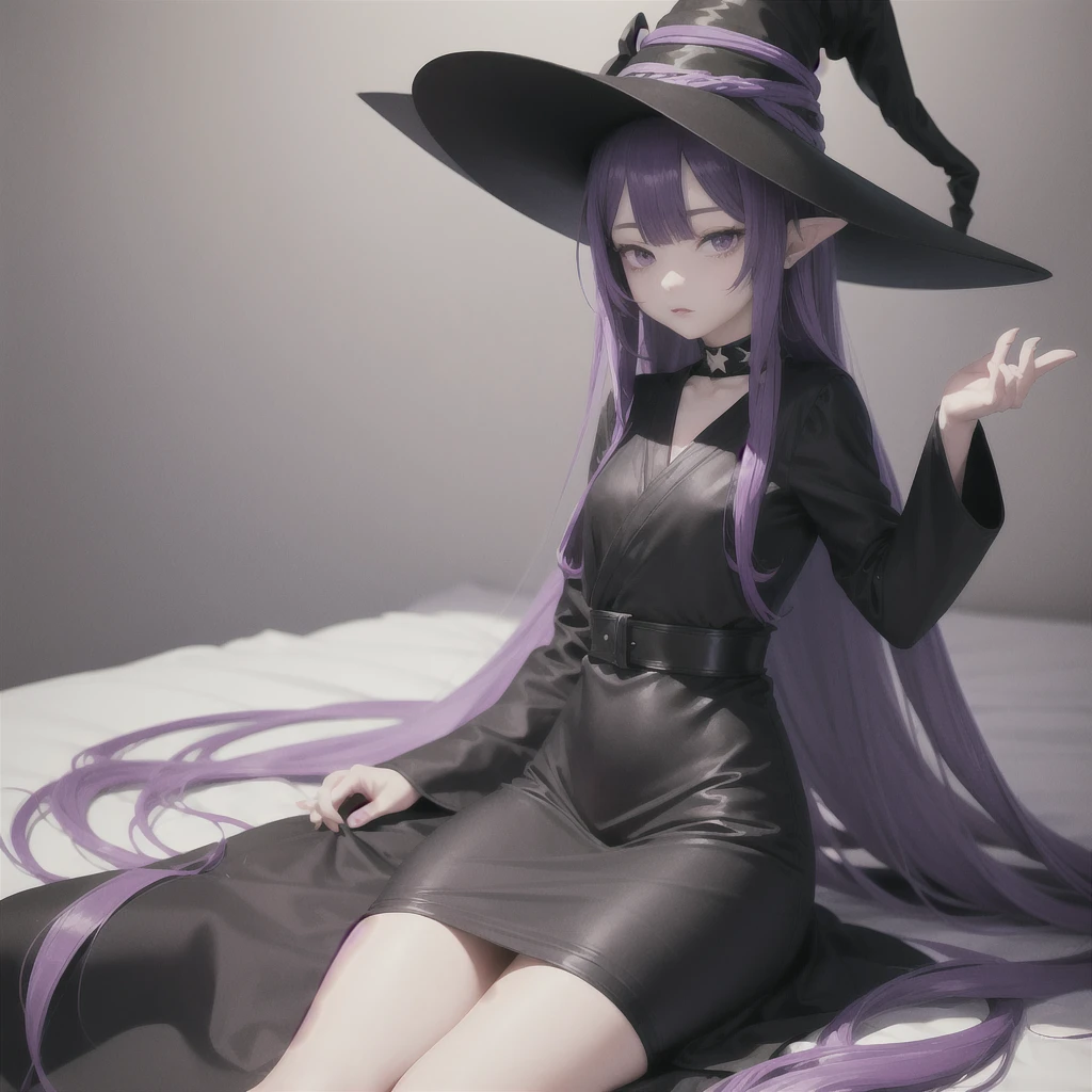anime girl long purple hair wearing a black Robe. she has pointy ears. Witch Hat. Manga kawaii. iridescent ,An illustration, Sit on the sofa, (no background)