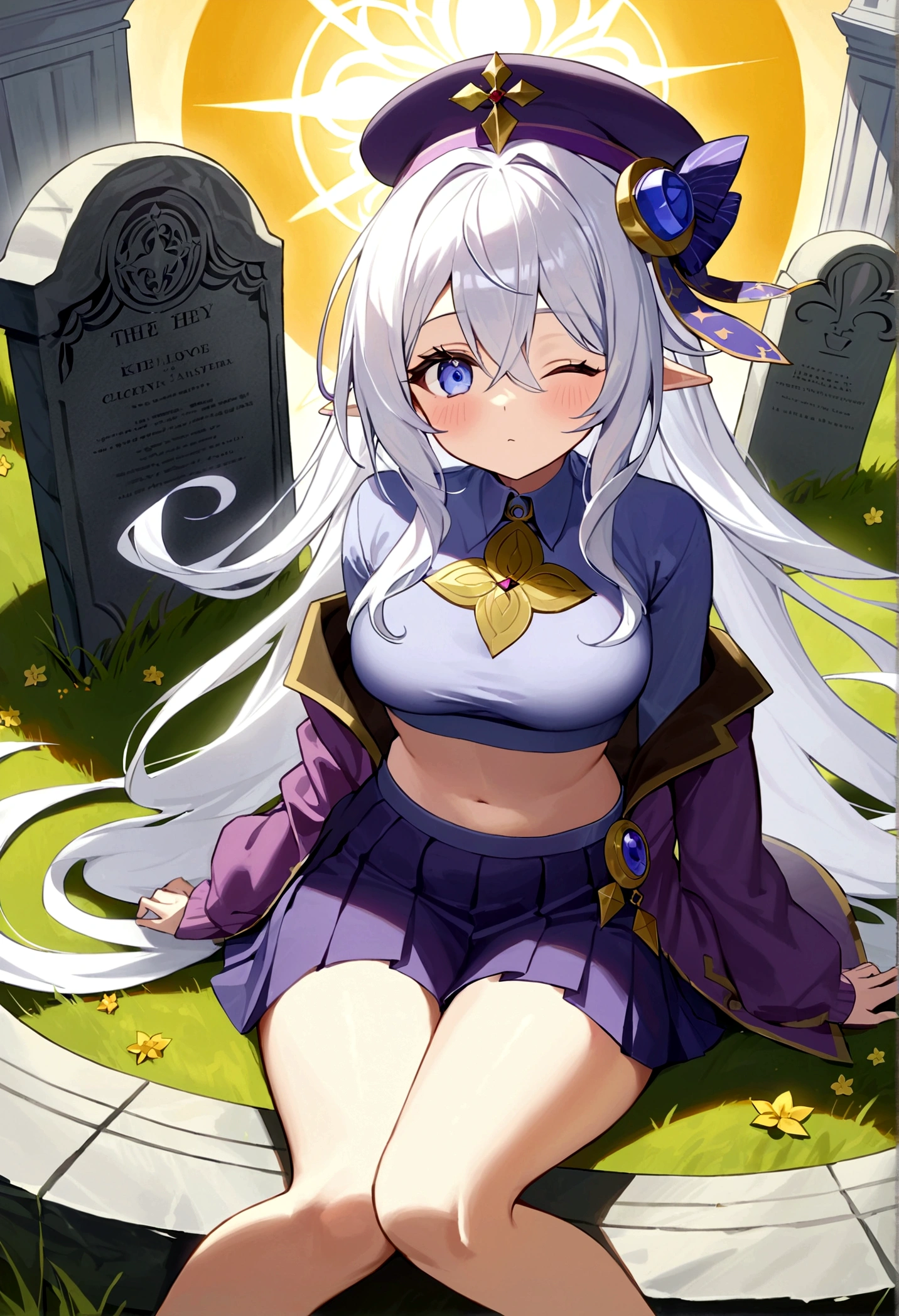 Highest quality, masterpiece,White Hair, Purple Eyes, Purple kimono, Exposing shoulders, ,Fair skin, Long Hair, Long Bangs,  Small breasts, Confused eyes, snow, sexy, Cemetery, Cross Grave, jitome, lotus position, stretching, half closed eyes, NSFW