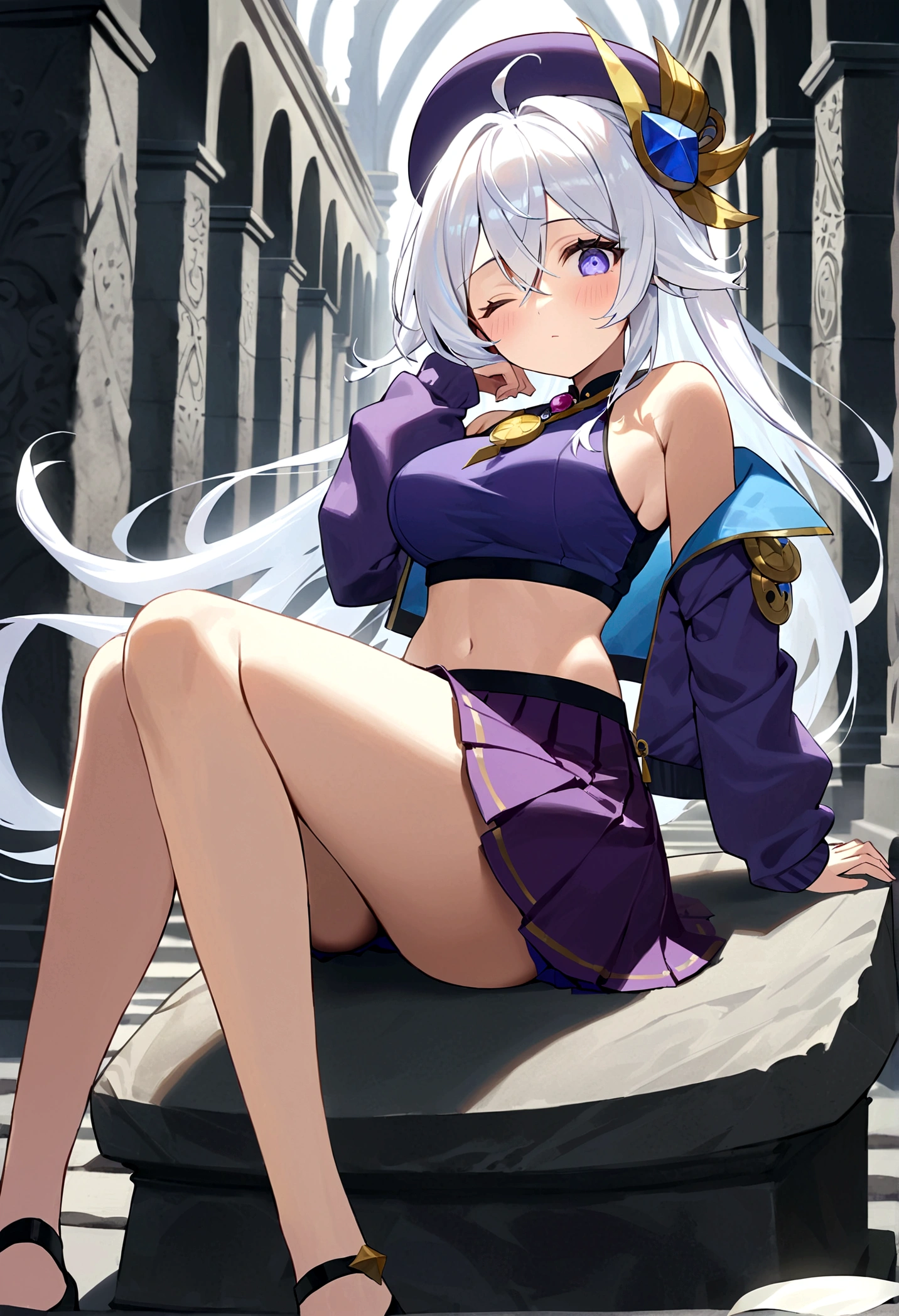((Best Quality, 8K, Masterpiece: 1.3)), 1girl, Beauty: 1.3, (Hairstyle Casual,) sitting on a gravestone, worms eye view, looking down at the viewer. Super Fine Face, sexy. The image features an animated character with a whimsical and fantastical design. The character has long, flowing white hair with a hat on the top of their head and a paper talisman like qiqi has from genshin impact. Their eyes are a golden hue, and they have a serene expression on their face. The character is wearing a purple baggy jacket that seems to be covered in patches and sown together. a short purple skirt and crop top accentuate her curves and the talismans covering her arms and legs. The outfit has red lining. Additionally, the character is followed by what appears to be a blue flame or energy. skin color is a pale almost dead color