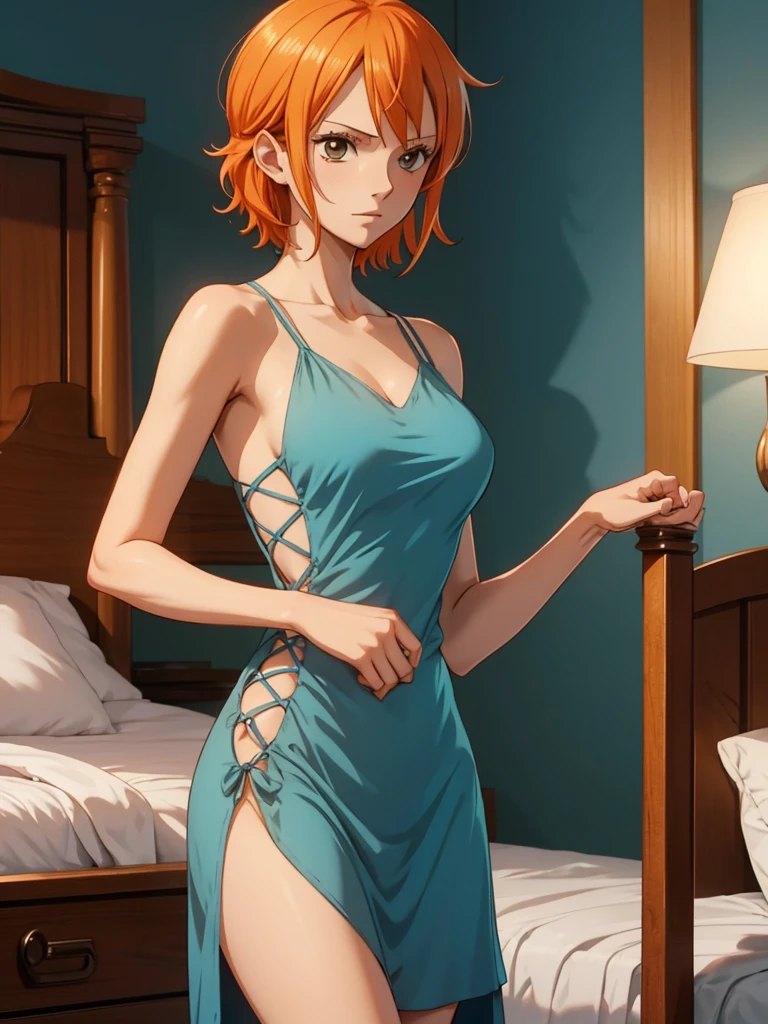 Nami from one-piece, 1women, wearing a night dress, at morning bed, orange colour short hair, 8k, high detailed, high quality
