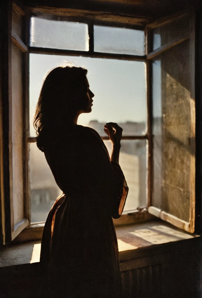 analog color film photograph of a woman in silhouette is standing in front of a window, in the style of romantic soft focus and ethereal light, she is looking directly at the camera, sunrays shine upon her, old paned window, dark moody, natural light, muted colors, desaturated, ISO 200 faded film, 35mm photo, grainy, vignette, vintage, Kodachrome, Lomography, stained, highly detailed, found footage, casting shadow style