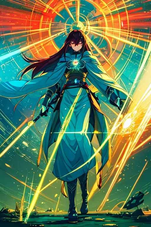 Niji mode. Full body, elf wizard, secret agent, wearing a fine and elegant suit, holding a pistol with long barrel glowing magic carvings and long handle, technological boot with glowing magic circuits, ruby eyes, dark red hair, orange skin, glowing red tattoos, ruby piercings, looking at the viewer, detailed face. Atompunk, android, cyborg, mechanical parts with magic stones, magic glowing eyes, advanced technology mixed with magic, magic circuits, gears made of magic materials, developed by Technological Magic. Walking in the middle of a magical atompunk metropolis mixing technology and vegetation, particle effects, wide and deep scenery, with multiple planes of depth, cinematic and dynamic scene with a sense of movement, view of magical bright lights reflecting the scene, stylish pose, aura lights, glowing technological cables, epic atmosphere, magic tools, old anime style, Studio ghibli, metal hurlant, artbook, RPG fantasy.