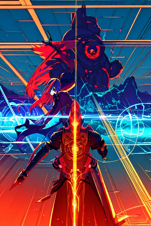 Niji mode. Full body, elf wizard, secret agent, wearing a fine and elegant suit, holding a pistol with long barrel glowing magic carvings and long handle, technological boot with glowing magic circuits, ruby eyes, dark red hair, orange skin, glowing red tattoos, ruby piercings, looking at the viewer, detailed face. Atompunk, android, cyborg, mechanical parts with magic stones, magic glowing eyes, advanced technology mixed with magic, magic circuits, gears made of magic materials, developed by Technological Magic. Walking in the middle of a magical atompunk metropolis mixing technology and vegetation, particle effects, wide and deep scenery, with multiple planes of depth, cinematic and dynamic scene with a sense of movement, view of magical bright lights reflecting the scene, stylish pose, aura lights, glowing technological cables, epic atmosphere, magic tools, old anime style, Studio ghibli, metal hurlant, artbook, RPG fantasy.