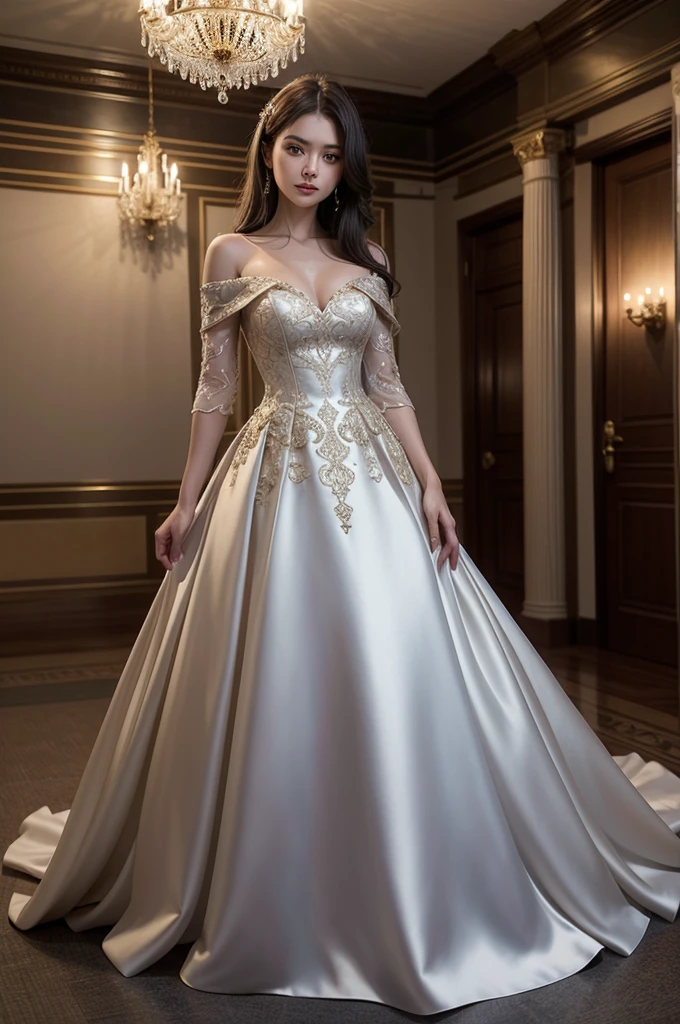 Create a stunning image of a woman wearing a luxurious evening dress. The dress should be a perfect blend of elegance and sophistication, flowing gracefully to the floor with a slight train. It should feature a deep, rich color like midnight blue or emerald green, with delicate embroidery or beading that catches the light. The bodice should be form-fitting, accentuating her silhouette, with an off-the-shoulder or sweetheart neckline to add a touch of romance. The fabric should be high-quality, such as silk or satin, with a subtle sheen that gives the dress a glamorous look. She should be standing in a beautifully lit room, perhaps a grand ballroom or a lavish hall, with soft lighting that highlights the intricate details of the dress, golden pattern