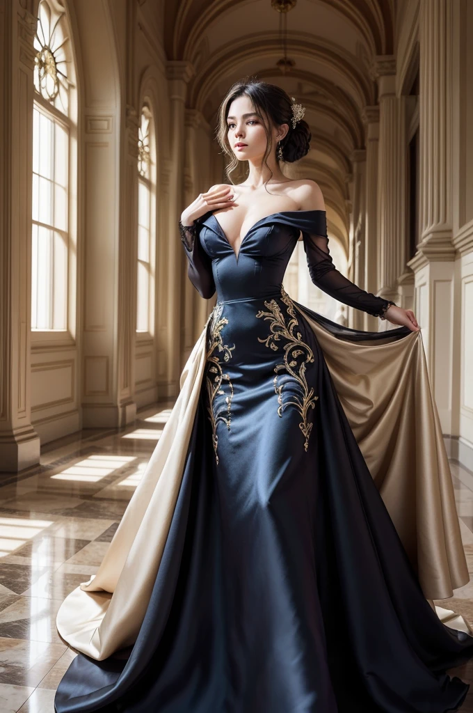 girl participated in a charity event held at a museum, wearing an elegant evening gown and weaving between artworks, contributing her own strength to the public welfare cause. Full body, cinematic photo, 35mm photograph, film, bokeh, (masterpiece, best quality, Professional, perfect composition, very aesthetic, absurdres, ultra-detailed, intricate details:1.3)