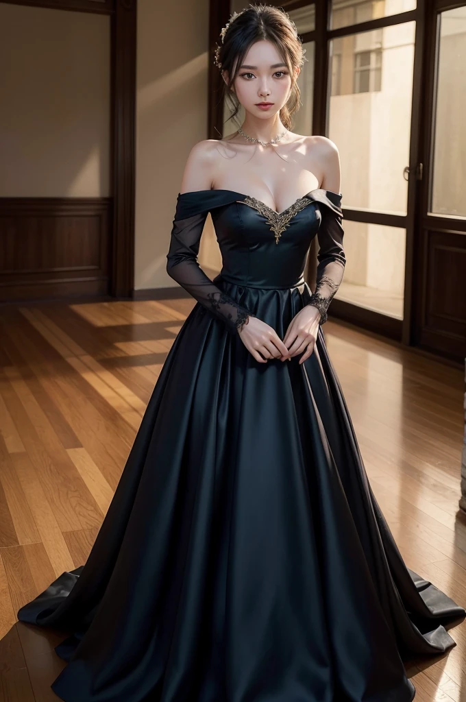 Create a stunning image of a woman wearing a luxurious evening dress. The dress should be a perfect blend of elegance and sophistication, flowing gracefully to the floor with a slight train. It should feature a deep, rich color like midnight blue or emerald green, with delicate embroidery or beading that catches the light. The bodice should be form-fitting, accentuating her silhouette, with an off-the-shoulder or sweetheart neckline to add a touch of romance. The fabric should be high-quality, such as silk or satin, with a subtle sheen that gives the dress a glamorous look. She should be standing in a beautifully lit room, perhaps a grand ballroom or a lavish hall, with soft lighting that highlights the intricate details of the dress, golden pattern