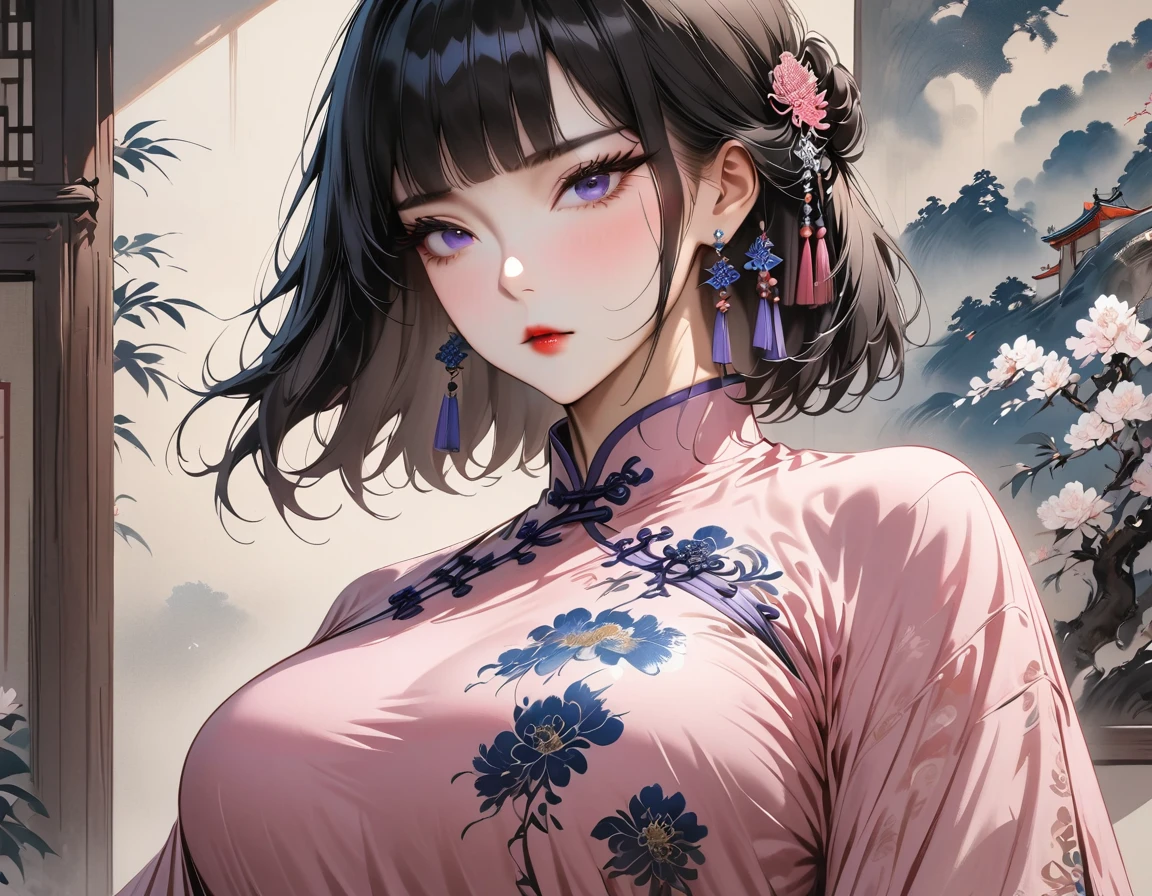 (Masterpiece, Best Quality: 1.3), 1girl, (Conservatively Dressed: 1.8), pink-purple cheongsam, pink-purple qipao, (Mature: 1.4), Cold Eyes, short hair, Gorgeous Accessories, very aesthetic, national painting, Clothing ink painting style, gradient hair, blunt bangs, blunt bangs, high detail, cowboy shot, Masterpiece, super detail, best quality