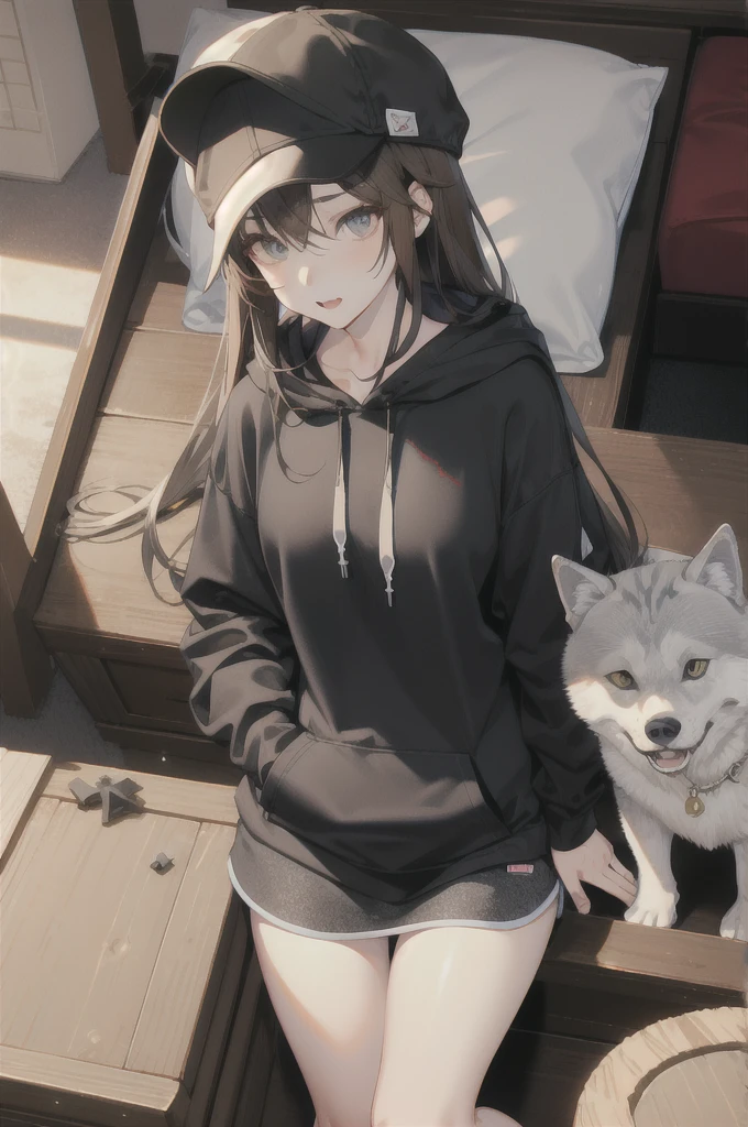 Brown Hair、Wolf Hair、The eyes are large、Long eyeliner、I like Shiba Inu, cats, and games.、The outfit is a grey hoodie and grey cap.longhair。