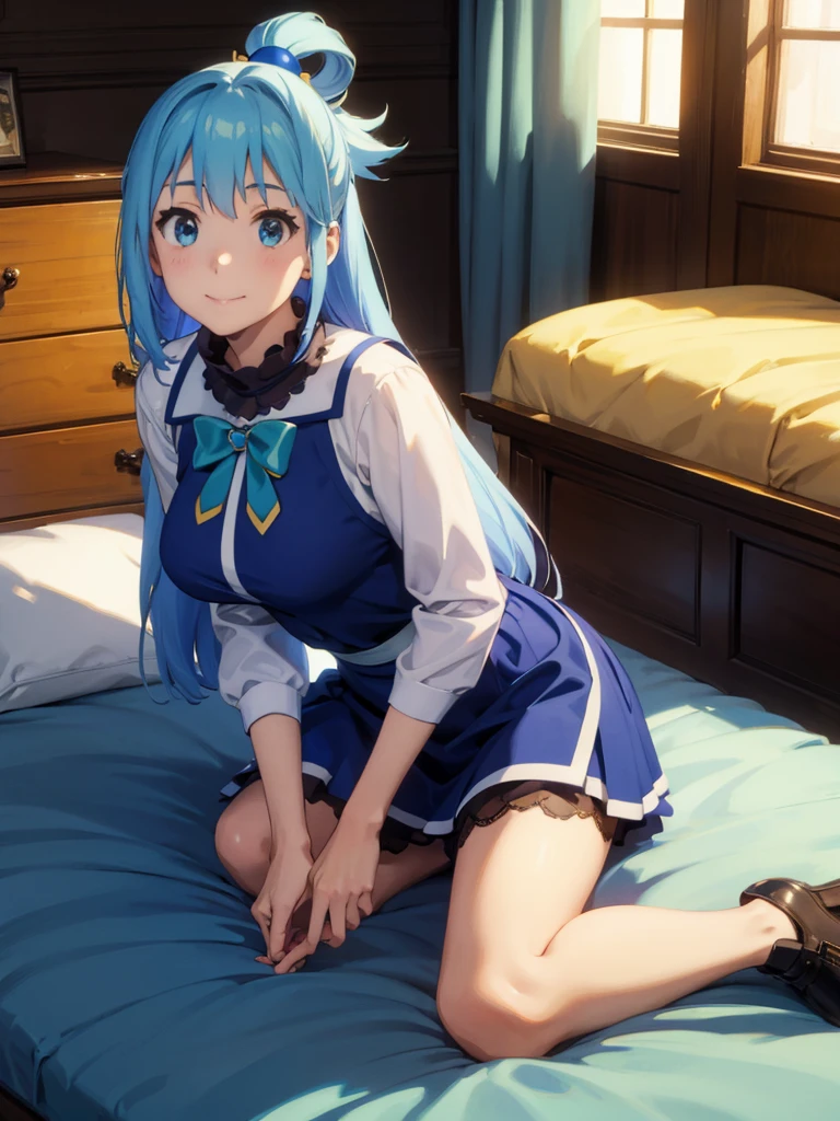 Best Image Quality, 8 k, high quality, masterpiece:1.2), ((masterpiece)), (high detail, high quality, Best Image Quality), solo, 1 girl, Konosuba ,aqua, detailed face, exhilaration, beautiful smile, looks at the viewer, detailed clothing, detailed fabric, Hair rings, maid, lace, shoes, Medium breasts, middle thighs, Bedroom, Bed, kneeling on the bed