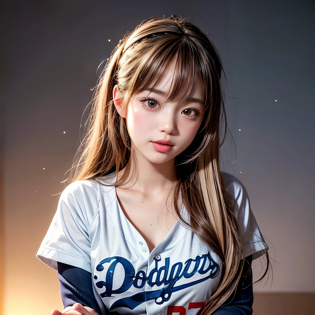 NSFW, 8k, High-level, absurd, masterpiece, best quality, primitive, very detailed CG, very detailed wallpaper, perfect lighting, Extremely detailed (((The personifying " Los Angeles Dodgers " as a ))), MysticSight, Tyndall effect, Tyndall scattering, Studio gray background with (many Dazzling RainbowColor particles BokeH:1.28), (RoundlyButts, ThighGap), (Exposed:0.4), (Assfocus with looking ahead), BREAK (NOGIZAKA face variations) Extremely Detailed very KAWAII face variations, perfect anatomy, Childish, captivating gaze, elaborate detailed Eyes with (sparkling highlights:1.28), long eyelashes、Glossy RED Lips with beautiful details, Coquettish tongue, Rosy cheeks, Radiant PearlSkin with clear transparency . { (Dynamic LifeLike expressions:1.4) | :d) }, (large eyes:-1) .