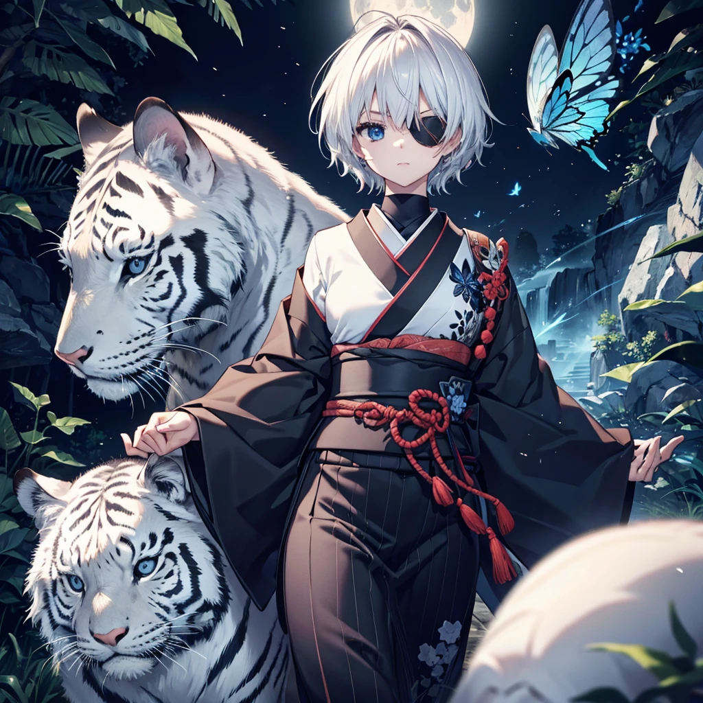 (((1 person))) (((Put on an eye patch))) ((White Tiger)) ((High resolution short hair Gray Hair Black kimono Shoulder knifeを持つ Hold with both hands)) ((Black Band samurai Lonely despair blue eyes Close-up)) ((Blue Butterfly night Japanese style old Shining Aura garden water surface full moon Catch the wind)) (dance 日本knife knife) moonlight star Draw your sword Shining Background Shining Edge