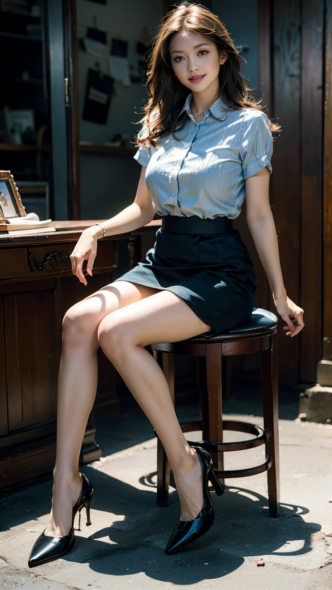 (of the highest quality, masterpiece, photorealistic, Super detailed, Ultra-high resolution, born:1.3), (1 girl:1.5), beautiful, danish blonde, Madura, 28 years, office workers, (very united, short skirt), ({money| the payment| Red wine| Armada| Rosa| yellow green| Violet| blue sky} Clothes), (smile), (hits), high waistband, collar, (office, interior, crystal room), (long legs, high heels, whole body:1.2), (big breasts:1.3), (crew)