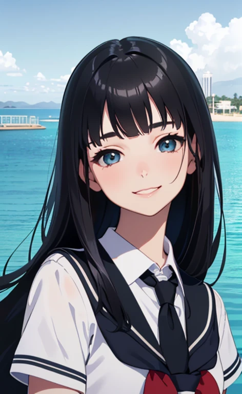 (Photorealistic:1.4)、(15-year-old:1.5),(masterpiece、spot light:1.2、Exquisite beautiful eye:1.5,portlate),(kind eyes、tareme:1.9),(Close-up of face:1.5,face focus:1.5)、(Cute Face、 3D Face)、(black hair:1.5)、(middle hair:1.5),(sidelock :1.5),(blunt bangs:1.3),(1 school girl)、(aqua eyes:1.2)、(upper body:1.5)、(light smile:1.5)、(from side),(head tilt) ,(half closed eyes),(flat chest),(),(school uniform:1.5),(Park with an ocean view background:1.5)、()、()、Slim Body(),Shiny Hair、