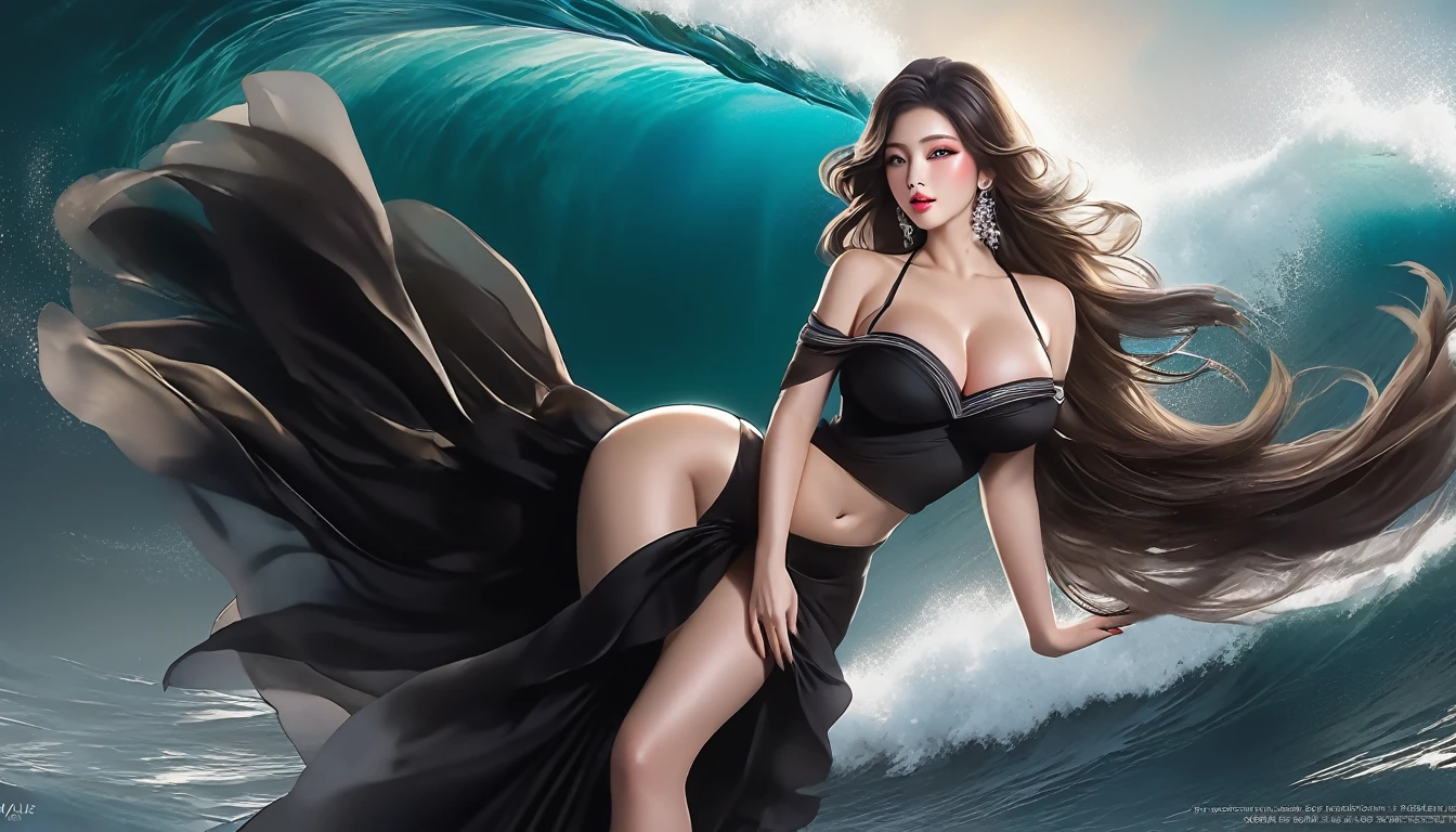 best quality,masterpiece,Ultra-high resolution,(Practical:1.4),original photo,Ultra-high resolution，8K，There was a woman，White skin，Exquisite makeup，Big Wave，Black skirt，High heel，Long legs，Bright and beautiful，用红色眼影打造Exquisite makeup，Large hoop earrings，Large Breasts，Full breasts，Golden Ratio Graphics，Perfect body，Ultra wide-angle shooting，full-body shot，Body close-up，Look at the audience，Wearing a tulle bikini，Soft anime illustration, Soft dark background，Fujifilm XT3 Be focused, f 5.6, High Detail, Be focused, dramatic, (Wearing hollow clothing), (Looking at the audience:1.8), (Natural light), (Tempting)